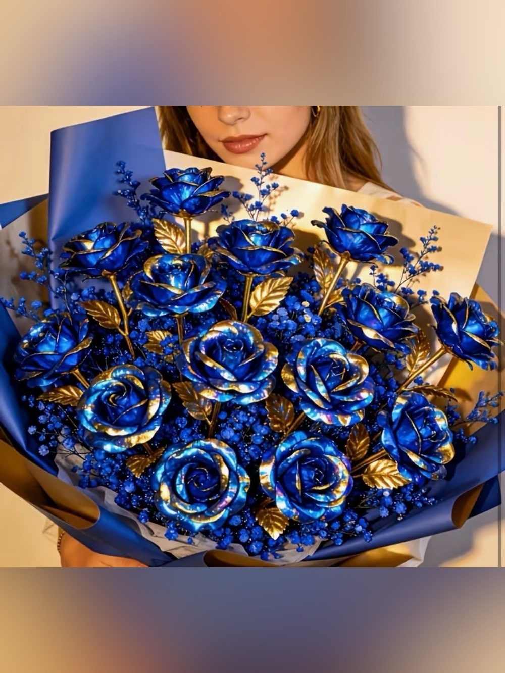 New 26pcs Gold Plated Blue Eternal Rose w Fresh Blue Artificial Crystal
Flowers